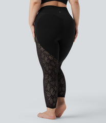 SoftlyZero™ High Waisted Crossover Contrast Lace 7/8 Yoga Plus Size Leggings with Pockets-UPF50+