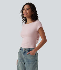 Boat Neck Short Sleeve Cowl Back Casual T-Shirt
