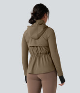 Removable Hood Thumb Holes Drawstring 2-Way Zipper Hiking Jacket with Pockets