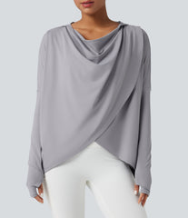 Hooded Cowl Neck Long Sleeve Thumb Hole Yoga Sports Top with Pockets