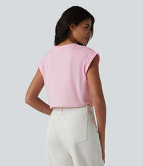Round Neck Cap Sleeve Cropped Casual Cotton T-Shirt