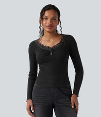 Ribbed Knit Henley Contrast Lace Long Sleeve Casual Top