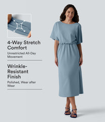 Wrinkle-Resistant Boat Neck Short Sleeve Midi Work Dress