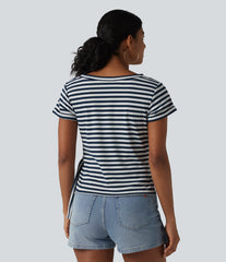 Round Neck Short Sleeve Asymmetric Hem Stripe Casual Top