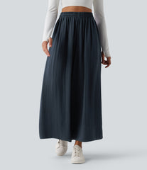 High Waisted Inner Drawstring Flowy Wide Leg Casual Linen-Feel Pants with Pockets