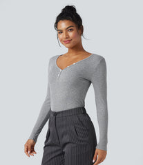 Ribbed Knit V-neck Long Sleeve Work T-Shirt