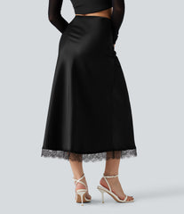 High-waisted Satin Contrast Lace Midi Casual A-Line Skirt