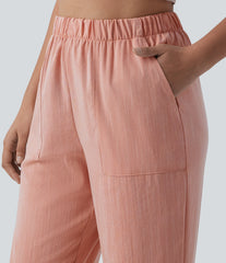 High Waisted Straight Leg Cropped Casual Linen-Feel Pants with Pockets
