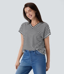 V Neck Stripe Waffle Relax Work Tee