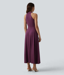 Mock Neck Sleeveless Invisible Zipper Midi Stretchy Satin-Like InstantCool Bridesmaid And Wedding Guest Flowy Dress with Pockets
