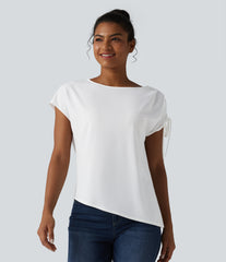 Boat Neck Drawstring Asymmetric Hem Work Chiffon T-Shirt