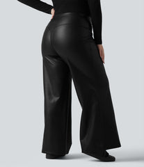 High Waisted Tummy Control Stretchy PU Fleece Casual Plus Size Flare Pants with Pockets