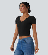 Ribbed Knit V Neck Short Sleeve Cropped Work T-Shirt