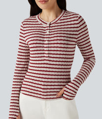 Henley Neck Long Sleeve Thumb Hole Stripe Casual T-Shirt