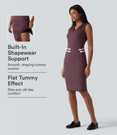 V Neck Sleeveless Tummy Control Built-in Shapewear Midi Work Dress