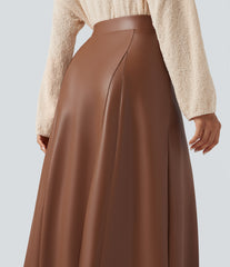 High Waisted Maxi Fleece Casual PU Leather Skirt