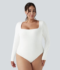 Ribbed Knit Square Neck Long Sleeve Skinny Casual Plus Size Bodysuit