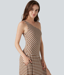 Ribbed Knit One Shoulder Sleeveless Stripe Maxi Casual Dress with Pocket