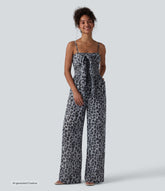 Tie-front Shirred Leopard Mesh Casual Slip Baggy Jumpsuit with Pockets