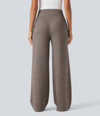 Ribbed Knit High Waisted Tummy Control Drawstring Casual Wide Leg Baggy Pants with Pockets