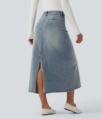 Halara Flex™ Mid Rise Contrast Leopard Mesh Midi Denim Casual A-line Skirt with Pockets