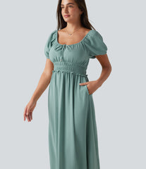 Square Neck Puff Sleeve Shirred Built-in Bra Maxi Casual Flowy Linen-Feel Dress with Pockets