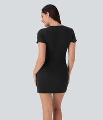 Ribbed Knit Round Neck Mini Casual Dress