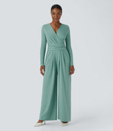 V Neck Long Sleeve Pocket Tie Back Casual Jumpsuit
