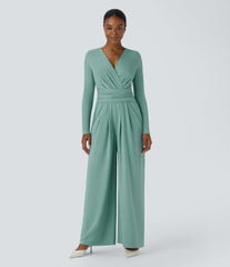 V Neck Long Sleeve Pocket Tie Back Casual Jumpsuit