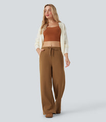 Mid Rise Drawstring Micro Waffle Baggy Casual Pants with Pockets