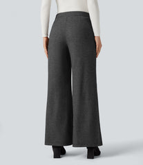 High Waisted Wide Leg Herringbone Work Pants with Pockets