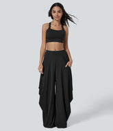 Mid Rise Pockets Draped Wide Leg Baggy Casual Pants