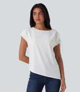 Boat Neck Drawstring Asymmetric Hem Work Chiffon T-Shirt