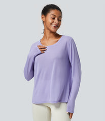 Round Neck Long Sleeve Cut Out Tie Back Yoga Sports Top