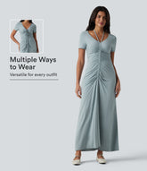 V-neck Short Sleeve Drawstring Ruched Maxi Casual Dress