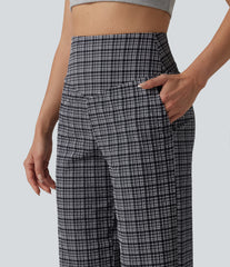 High Waisted Tummy Control Plaid Crinkle Quick Dry Casual Wide Leg Pants with Pockets