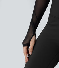 Halter Long Sleeve Thumb Hole Contrast Mesh 2-in-1 Cropped Yoga Sports Top