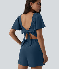 SoftlyZero™ Airy Flounce Short Sleeve Tie Back InstantCool Casual Romper with Pockets-Easy Peezy Edition