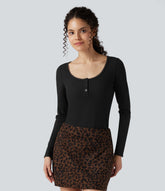 Ribbed Knit Lace Henley Neck Long Sleeve Casual Top