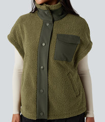 Stand Collar Cap Sleeve Color Block Hiking Sherpa Vest with Pockets