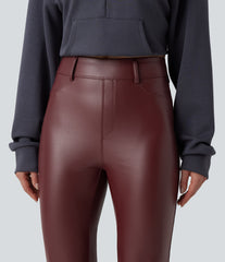 High Waisted Stretchy PU Fleece Casual Flare Pants with Pockets