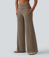 Ribbed Knit Foldover Super High Waisted Baggy Casual Pants with Pockets