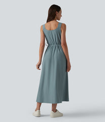 V Neck Sleeveless Midi Casual Dress with Pockets
