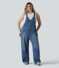 Halara Flex™ V Neck Washed Denim Casual Plus Size Overalls with Pockets