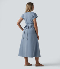 Halara Flex™ V Neck Short Sleeve Tie Back Denim Midi Casual Dress with Pockets