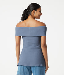 Off Shoulder Short Sleeve Split Hem Casual Top