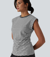 Ribbed Knit Round Neck Cap Sleeve Stripes Casual T-Shirt