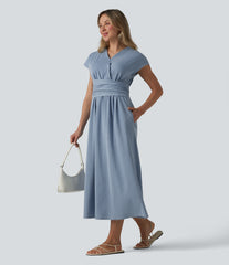Halara Flex™ V Neck Short Sleeve Tie Back Denim Midi Casual Dress with Pockets