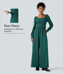 Square Neck Long Sleeve Work Jumpsuit with Pockets-Easy Peezy Edition