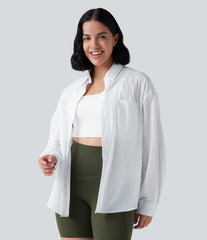 Collar Long Sleeve Curved Hem Hiking Shirt with Pocket-UPF40+